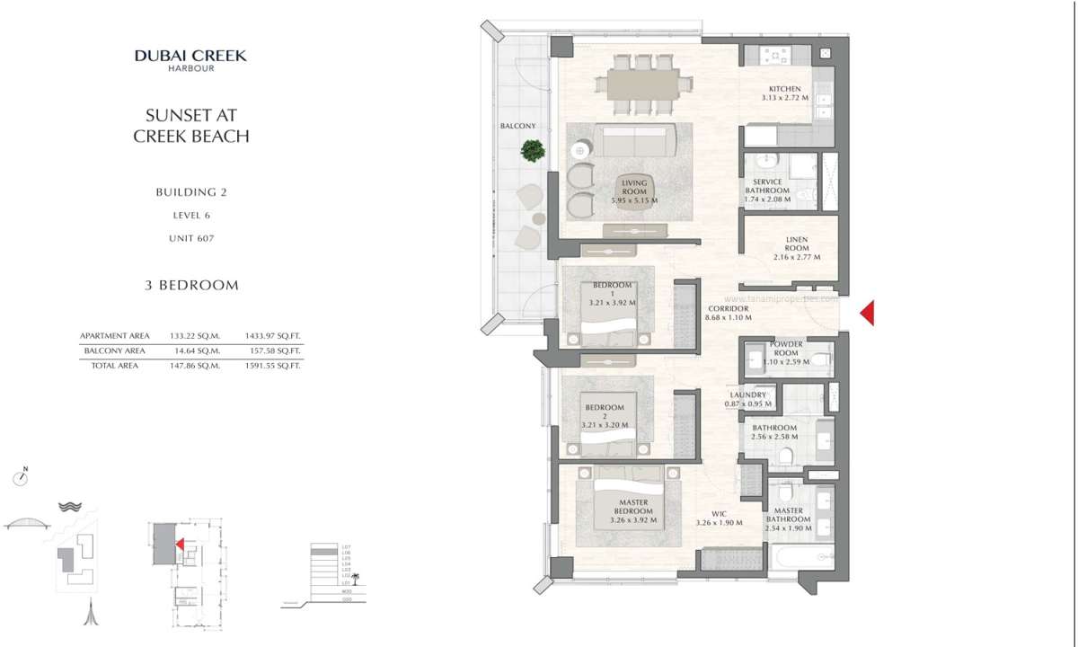 Building 2 - 3 Bedroom Level 6 Unit 607, Size 1591.55 sq ft